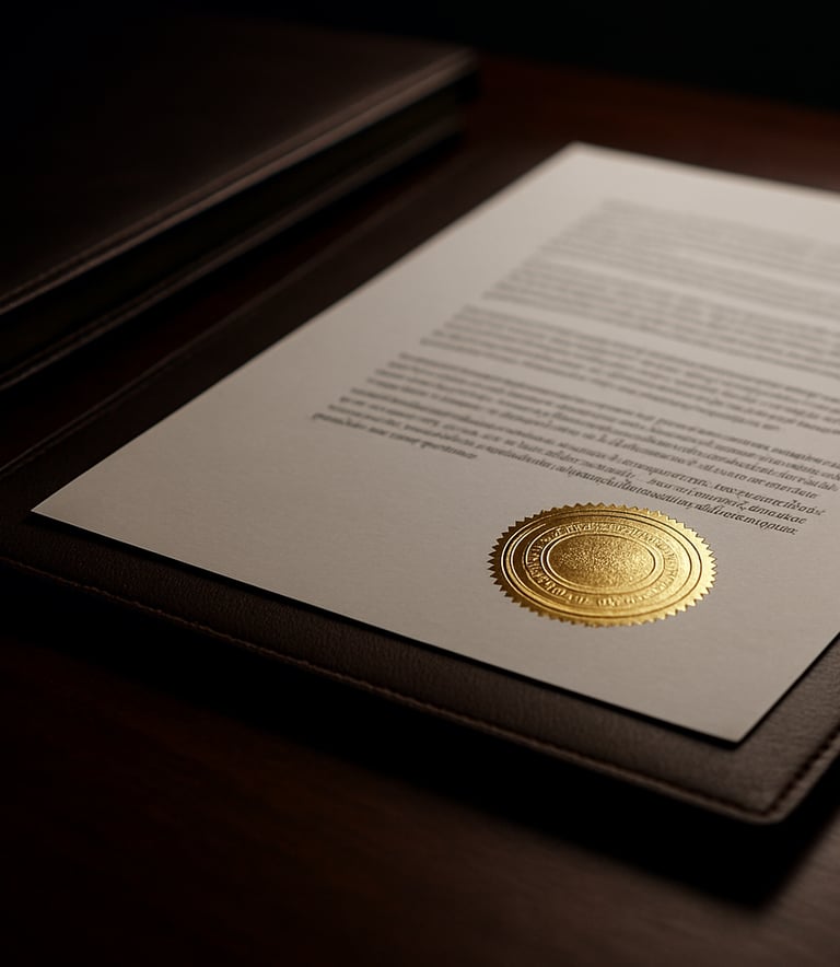 Close-up of high-quality, professional business contracts and leather-bound folders on a dark mahogany table. Sharp focus on a muted gold seal on the documents. Lighting is dramatic and sophisticated, reinforcing a sense of authority and light luxury.