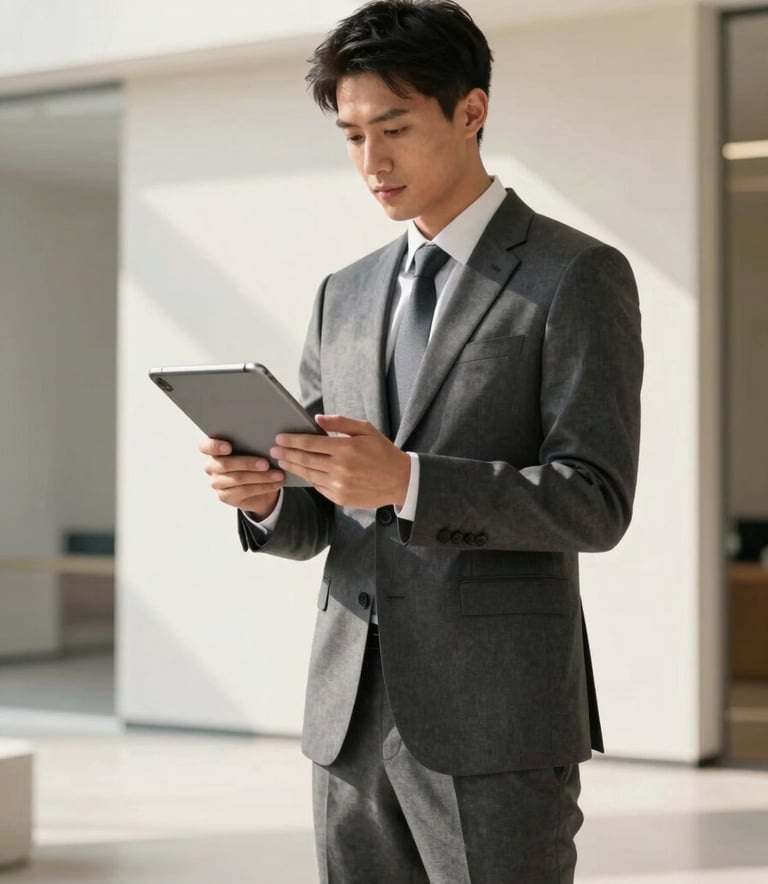 A professional entrepreneur in a tailored charcoal grey suit standing in a modern, sunlit architectural space with soft off-white walls. They are looking confidently at a tablet. The shot is clean, high-contrast, and exudes leadership and trustworthiness.