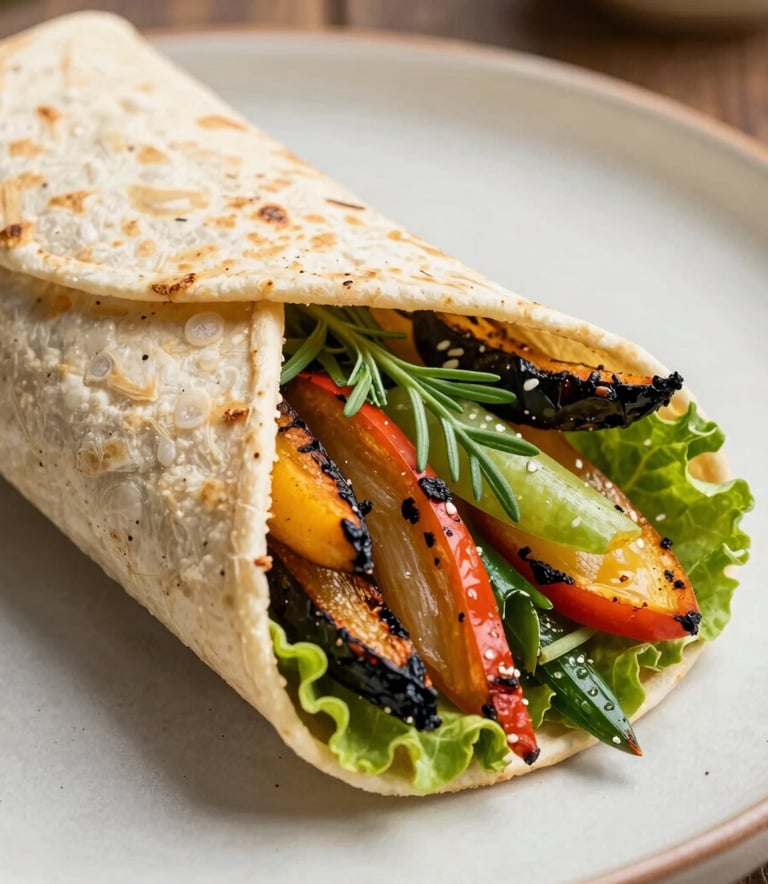 Close-up photography of a colorful and fresh wrap filled with grilled vegetables and herbs, presented on a sustainable paper wrap, South American / Brazilian outdoor setting, bright natural light.