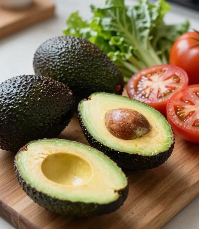 Detailed photography of fresh, high-quality ingredients including ripe avocados, sliced tomatoes, and crisp greens on a clean wooden prep board. Soft natural morning light, South American / Brazilian kitchen setting, focusing on freshness and health.