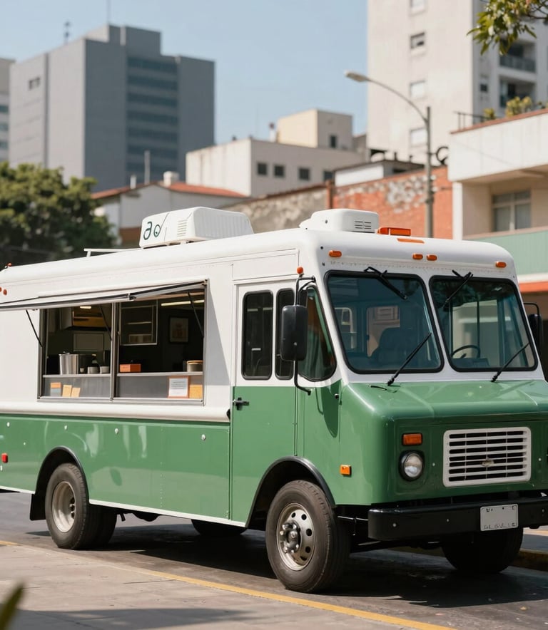 Cinematic shot of a bright, modern food truck parked in a vibrant South American urban area. Soft focus on the background city architecture, while the truck shines with clean dark green and white surfaces under clear daylight.
