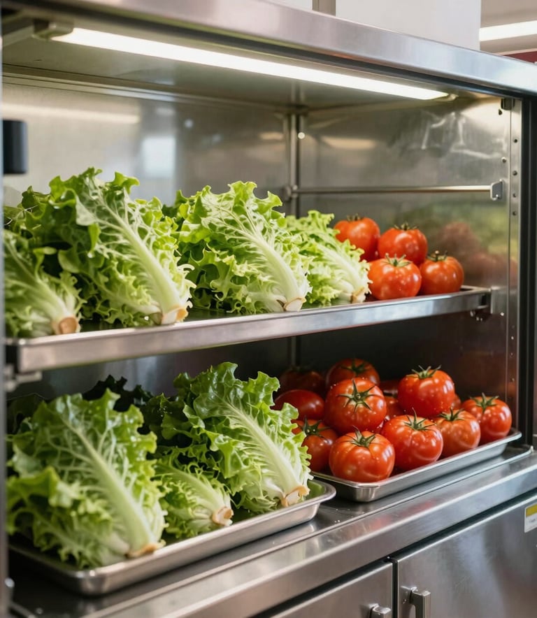 A professional and clean interior of a modern mobile kitchen in a South American / Brazilian setting, showcasing organized fresh ingredients like green lettuce and red tomatoes on stainless steel surfaces, natural bright lighting.