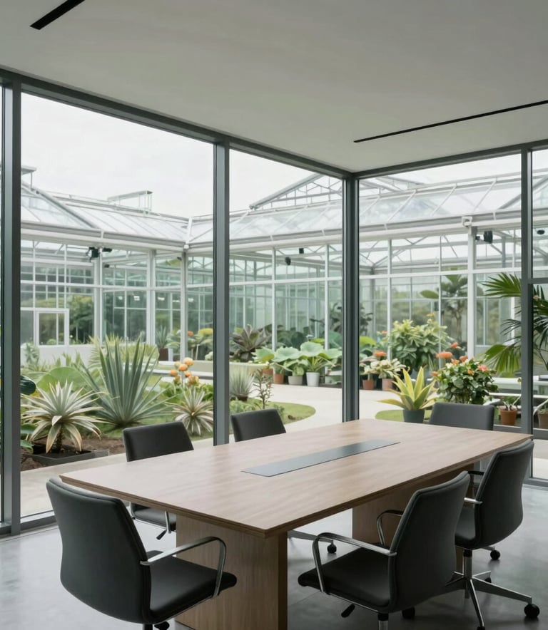 A professional photograph of a minimalist, tech-forward boardroom with floor-to-ceiling windows overlooking a modern greenhouse complex. The scene is bright and airy, using soft grays and greens to project authority and innovation.