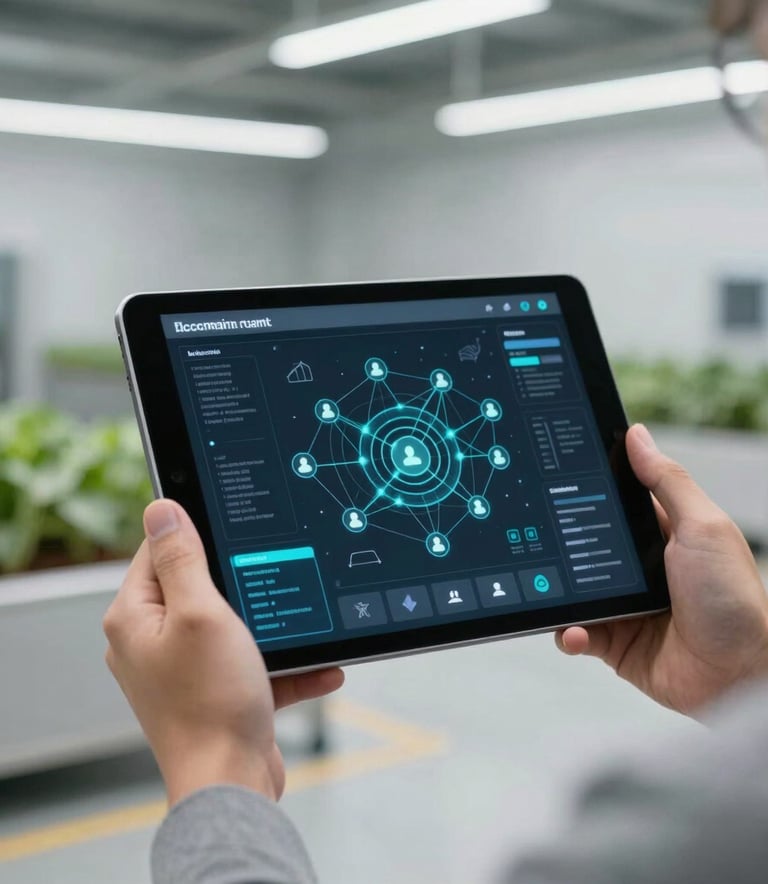A close-up photograph of a sleek digital tablet held by a professional in a modern North American industrial setting, displaying a complex blockchain network interface. The background is a clean, minimalistic agro-industrial space with soft lighting and a palette of pale greens and grays.