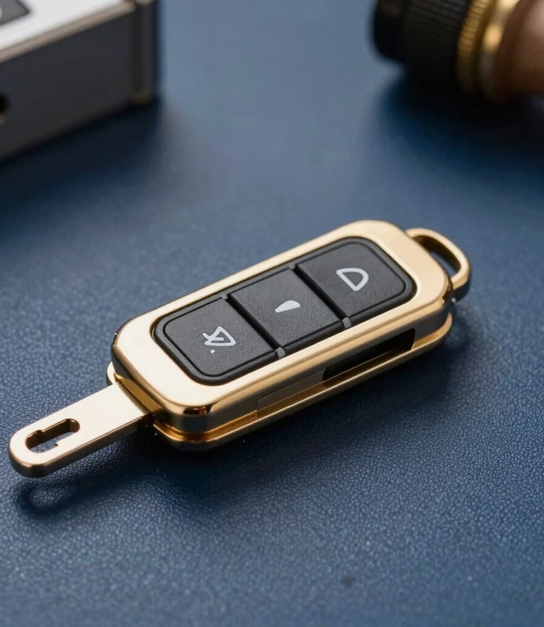 Close-up photography of a modern car switchblade key with a professional finish, resting on a textured dark blue surface. The lighting is crisp and professional, highlighting the metallic gold accents and the intricate details of the electronic buttons. South American / Brazilian workshop setting in the blurred background.