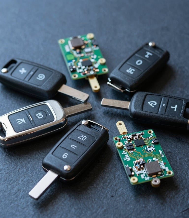High-quality macro shot of various modern automotive switchblade keys and electronic circuit boards for car remotes on a dark slate blue background, sharp focus, technical and professional lighting.