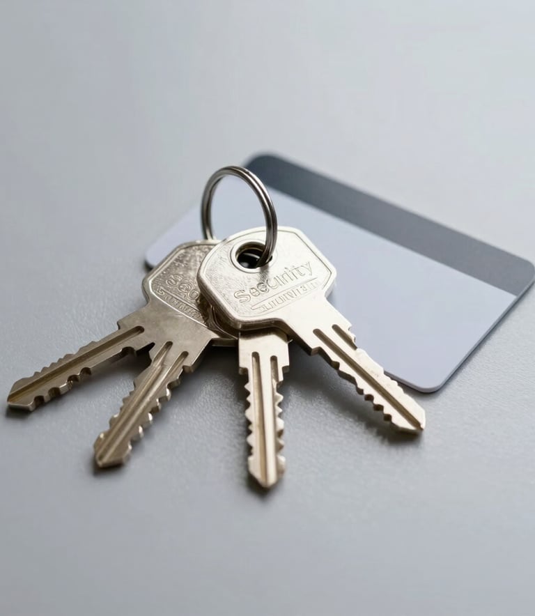 A high-resolution photograph of a set of modern keys and an electronic access card lying on a polished light silver grey surface. The composition is minimalist and clean, representing modern security and reliability.
