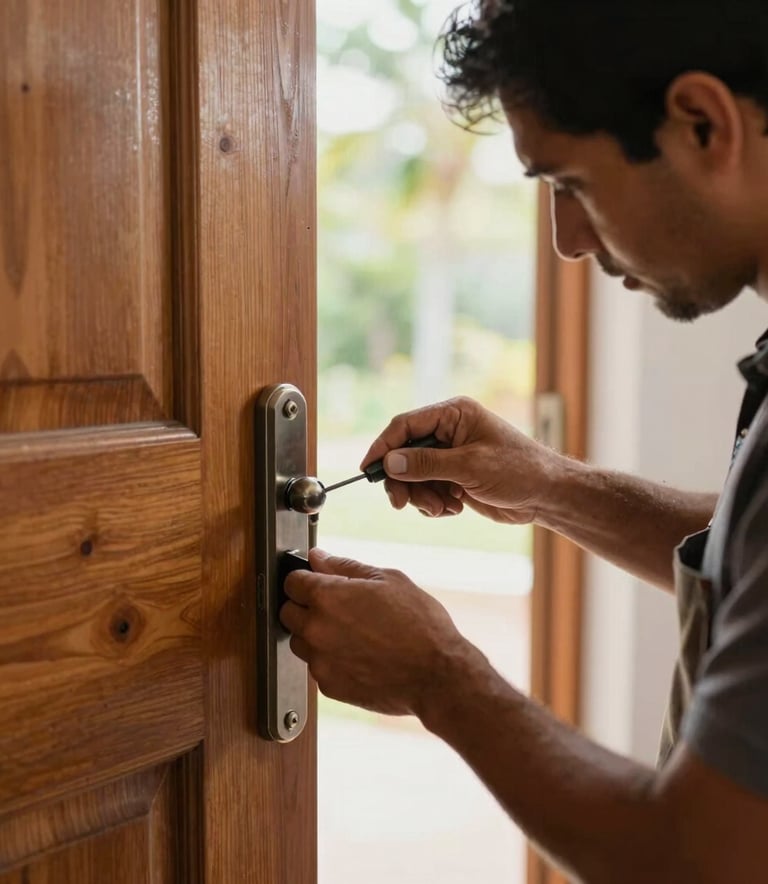 A South American locksmith technician in professional attire working on a residential wooden door lock with precision, focused on the task, bright daylight filtering through a nearby window.