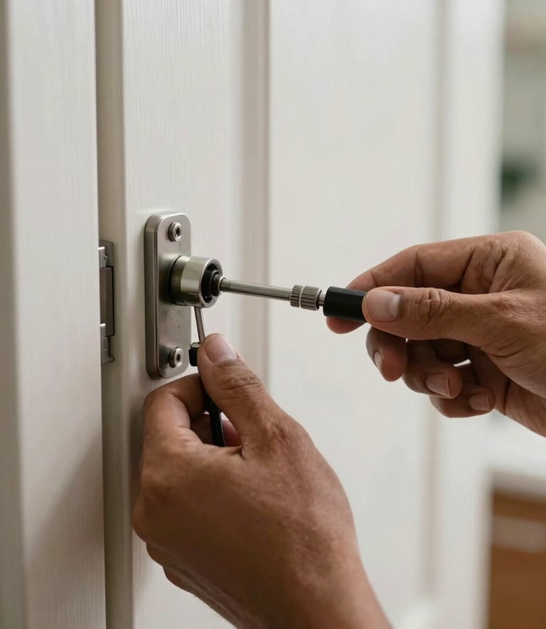 A close-up photograph of a professional locksmith's hands using precision tools to adjust a high-security door cylinder. The scene is set in a modern South American apartment with soft, natural lighting. The style is professional and clean, highlighting technical expertise.