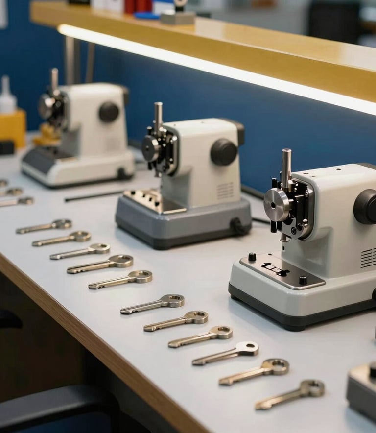 Professional locksmith workshop in Brazil, featuring a clean workbench with various key cutting machines and organized metal tools. The lighting is bright and modern, creating a trustworthy and expert atmosphere. Touches of gold and deep blue visible in the decor.