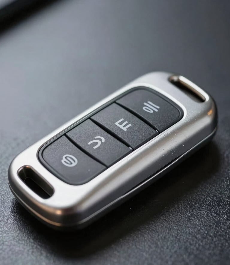 Macro photography of a sleek, modern silver car key with transponder buttons resting on a dark polished surface, professional lighting highlighting the textures.