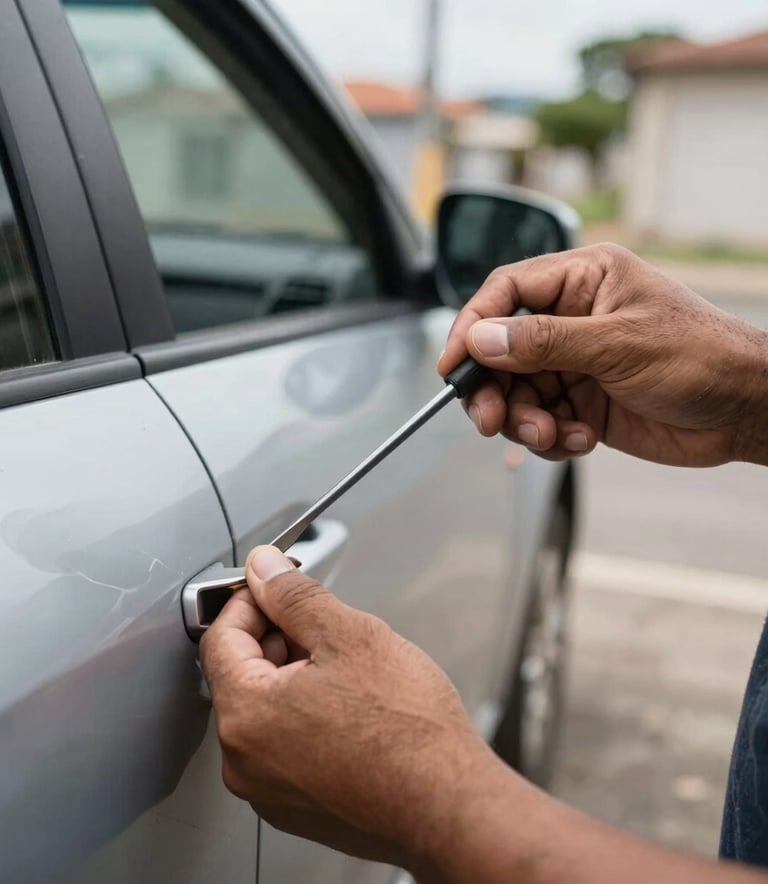 A close-up photograph of a professional locksmith's hands using a specialized pick tool to carefully open a modern car door, South American / Brazilian residential street context, natural daylight, professional and clean style.