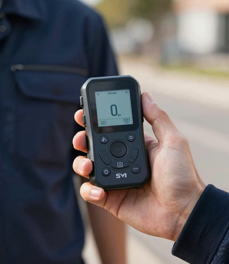 Detailed close-up of a delivery driver's hand holding a modern electronic tracking device, showing a successful scan confirmation, Western European setting, natural morning sunlight, navy blue uniform sleeve visible.