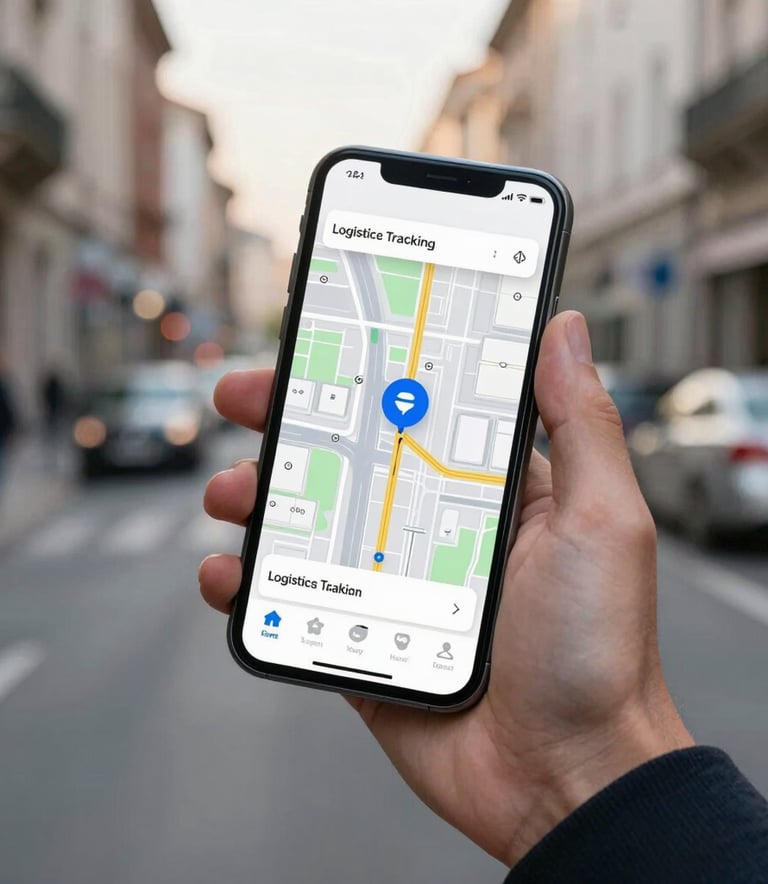 A close-up of a person's hand holding a modern smartphone in a Western European city setting. The screen displays a logistics tracking map with a delivery icon moving through streets. Soft morning light, professional attire.
