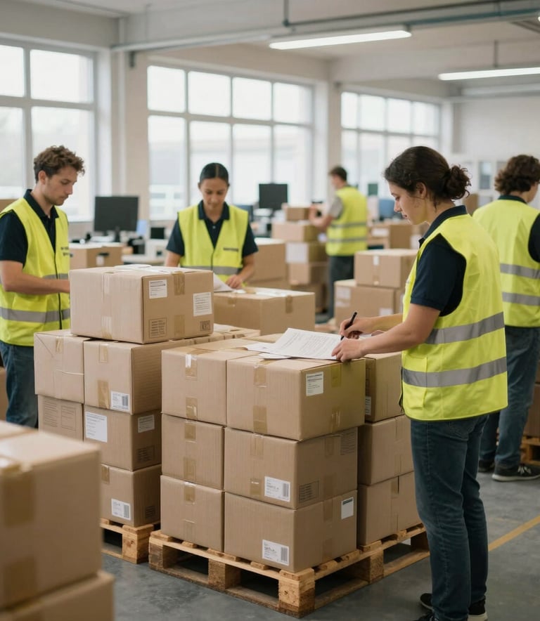 An organized and efficient sorting center interior in France. Packages are neatly stacked on wooden pallets, with staff in high-visibility vests working in a bright, clean environment with natural light streaming through windows.