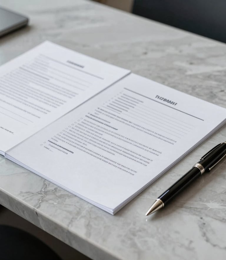 Photography of organized legal documents and a luxury pen on a Light Grey marble desk in a North American business setting. Professional and minimalist style.