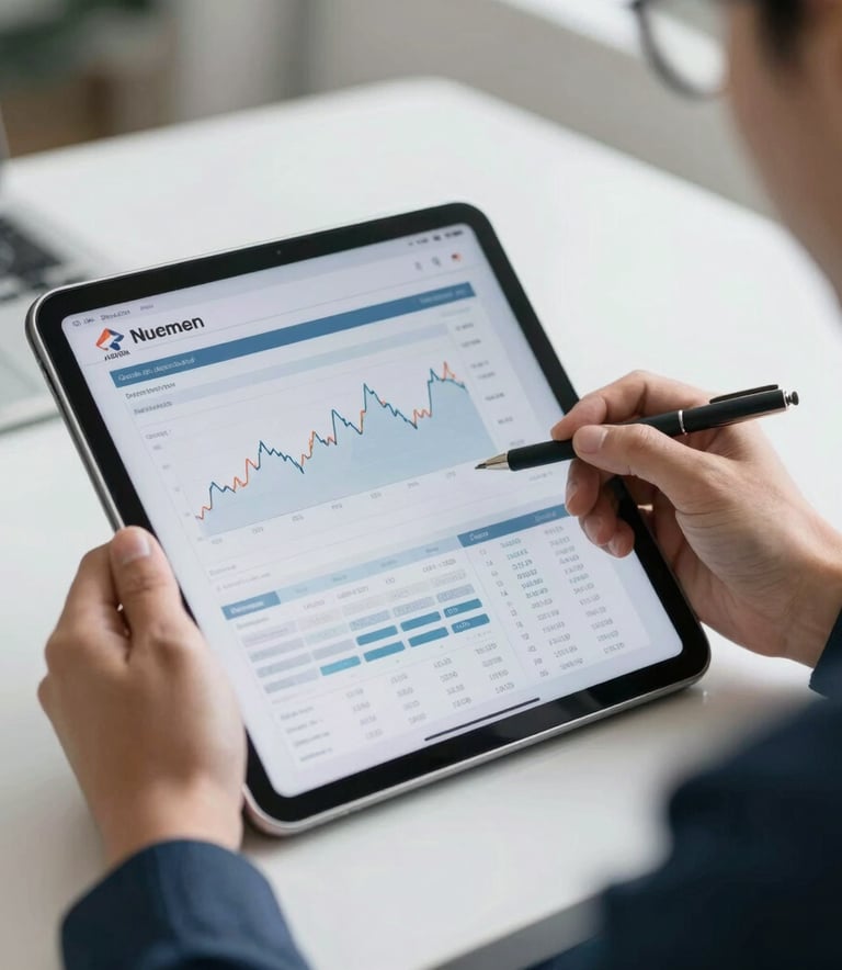 Photography of a professional person's hands holding a tablet showing financial growth charts and credit report details in a bright North American office. Silver and Navy tones.