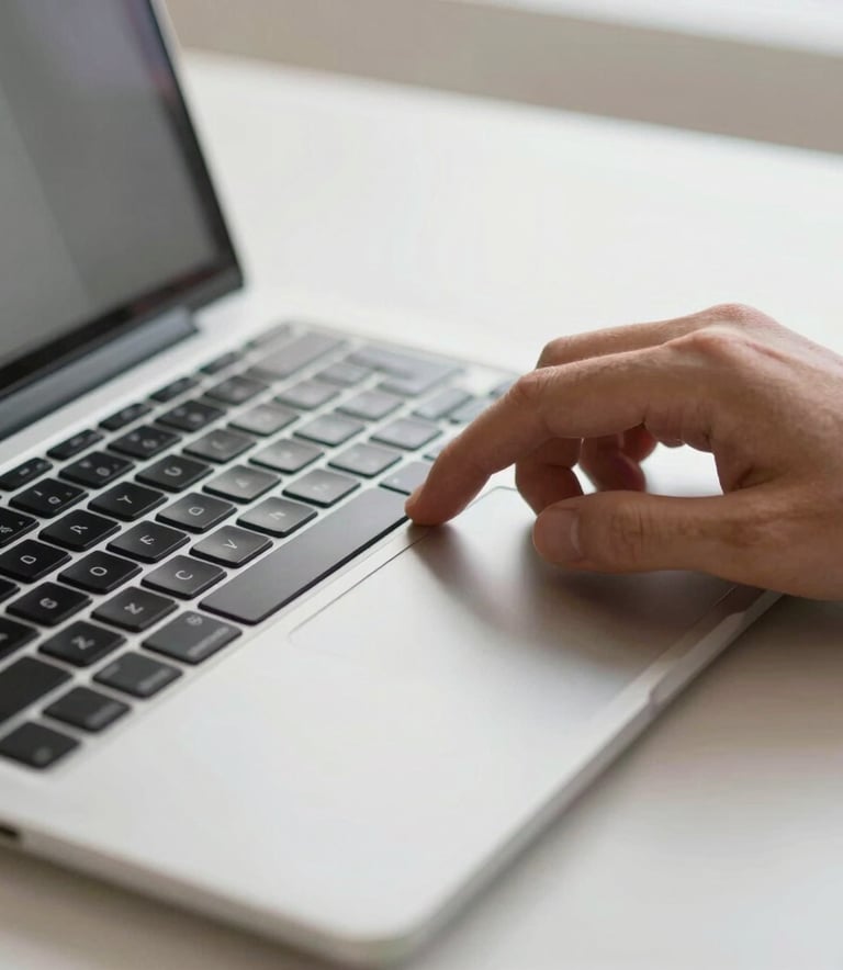 A detailed close-up of a person's hand using a trackpad on a sleek laptop in a bright, modern professional setting in North America, with a focus on clean design and productivity.