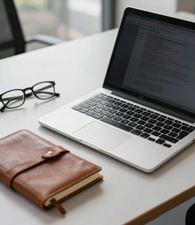 A high-resolution photograph of a professional workspace in a North American office with a silver laptop, a leather notebook, and a pair of spectacles on a light gray desk, soft daylight, professional atmosphere.