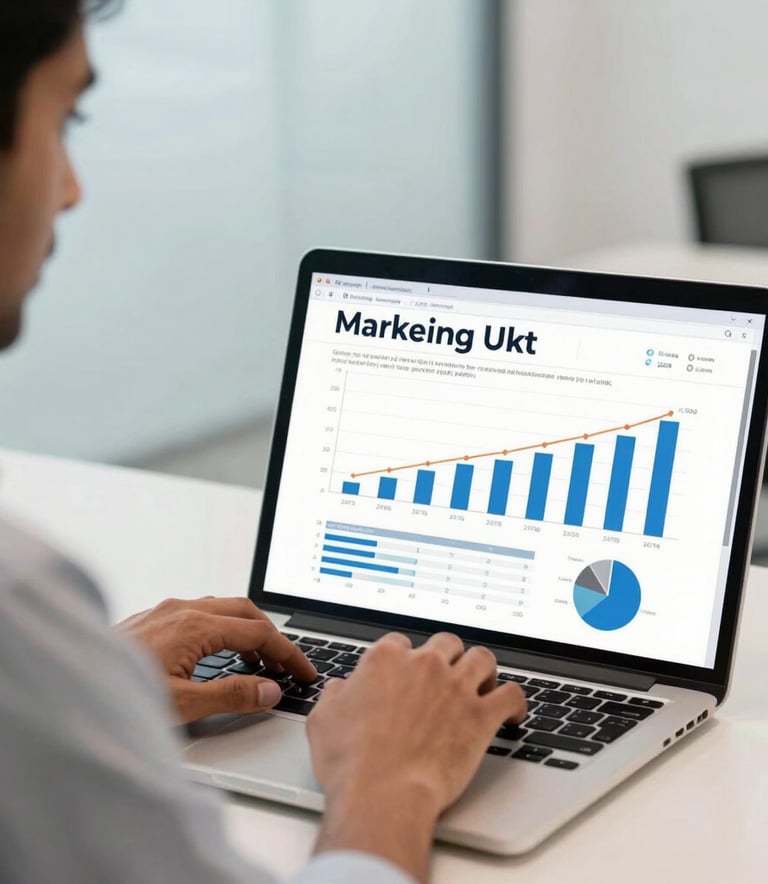 A close-up photograph of a South Asian professional in a modern office, focused on a sleek laptop screen displaying marketing growth charts. The background is a clean, bright office in Ahmedabad with light blue and off-white accents. Professional and sharp lighting.