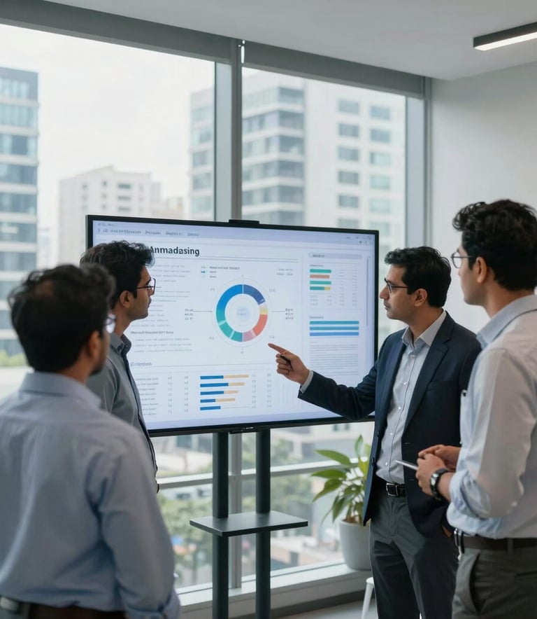 A group of South Asian marketing professionals in a high-tech office in Ahmedabad. They are discussing data on a large screen in a room with large windows overlooking a modern urban cityscape. Sharp focus and clean composition.