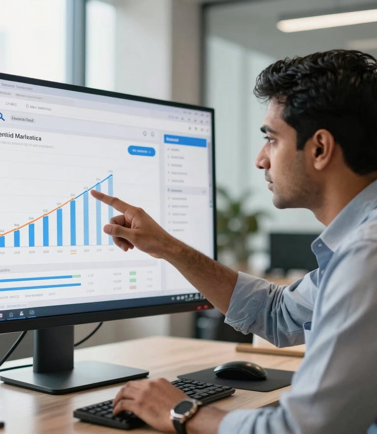 A professional South Asian / Indian marketing specialist pointing at a large monitor showing search engine growth charts and data analytics in a sleek, modern office in Ahmedabad, professional attire, natural lighting.