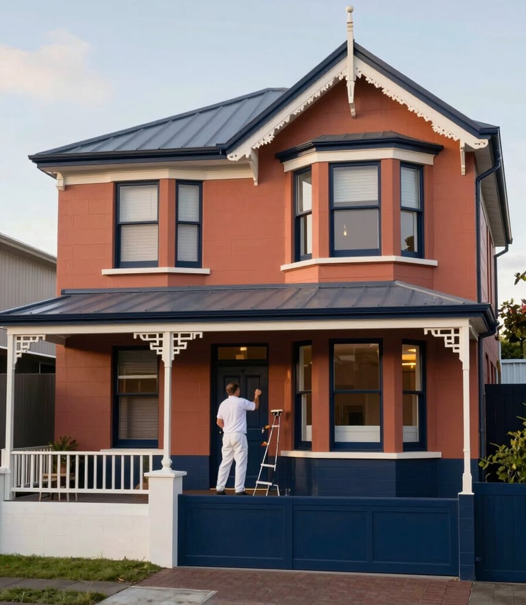 A wide, editorial-style shot of a classic Auckland villa with heritage architectural details. A professional painter in clean whites is working on the exterior. The color palette features the navy (#0e1c2f) and terracotta (#c4622d) accents of the home, bathed in soft afternoon Auckland light.