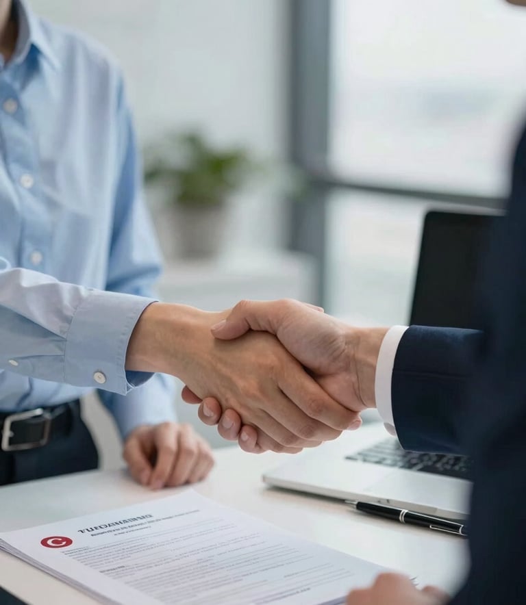 A close-up of a professional handshake between a consultant and a client in a bright, modern office in Istanbul. On the desk, there are official Turkish immigration documents and a pen. The scene uses colors like light blue and dark blue to convey professionalism and trust.