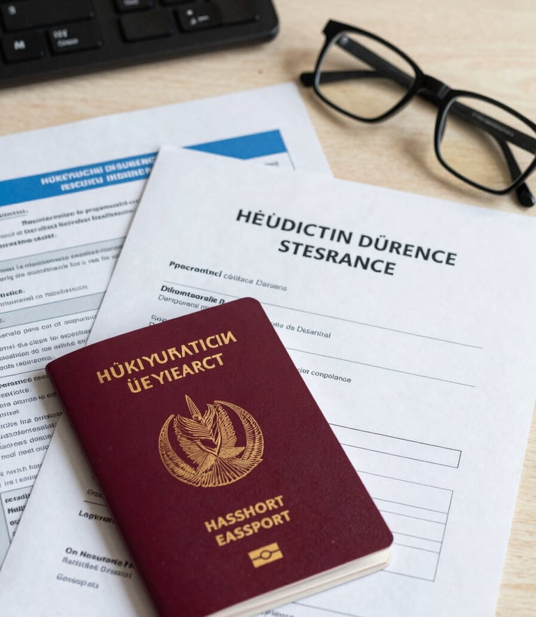 A high-angle view of a desk featuring foreign health insurance documents, a Turkish passport, and a pair of glasses. The lighting is bright and clean, emphasizing an organized and professional workflow in a Middle Eastern / Turkish setting.