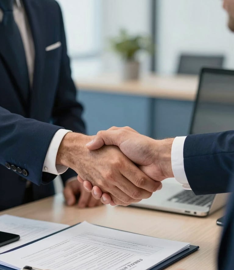 A close-up of two professionals in a Middle Eastern / Turkish office setting, shaking hands over a table with insurance documents. The scene conveys trust and success. Soft natural lighting, professional attire, with accents of dark blue and light blue in the room decor.