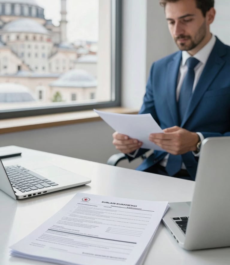 A bright, professional office interior in Istanbul, Sultanbeyli, featuring a clean desk with immigration paperwork and a laptop. The atmosphere is efficient and supportive with soft daylight. Middle Eastern / Turkish architectural details visible through the window. Colors focus on white and medium blue.