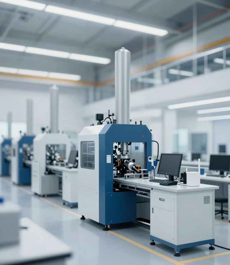 A wide-angle, high-resolution photo of a modern, clean industrial facility with specialized machinery. The lighting is bright and professional, emphasizing a sophisticated workspace. The color palette features metallic greys, whites, and brand-specific blues like #1E3A4D and #4B6B87.
