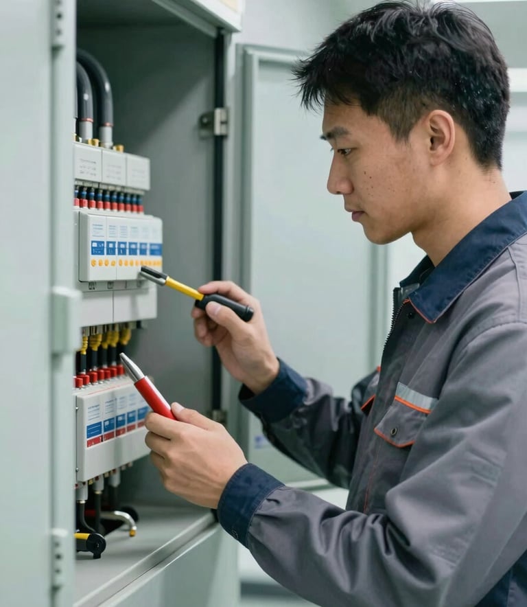 A professional maintenance technician in a clean uniform inspecting an industrial electrical panel with specialized tools, soft ambient light, sophisticated and trustworthy mood with #4B6B87 accents.