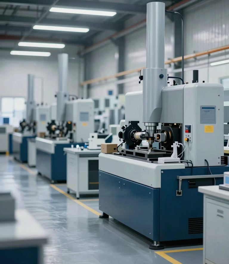 A wide shot of a modern, organized industrial workshop with heavy machinery, clean floors, and professional lighting, incorporating a palette of #1E3A4D and #F5F8FA to convey technical precision and reliability.