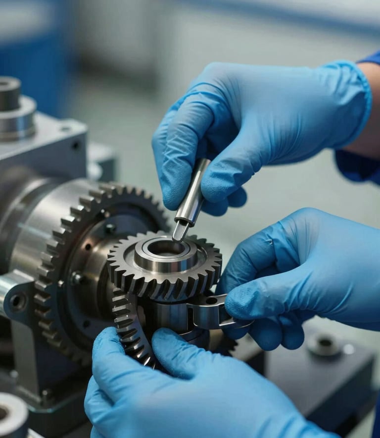 A close-up shot of a professional technician's hands wearing blue protective gloves, performing maintenance on a complex industrial gear system. The image is sharp, modern, and trustworthy, with subtle blue lighting effects consistent with #AEC3D5.