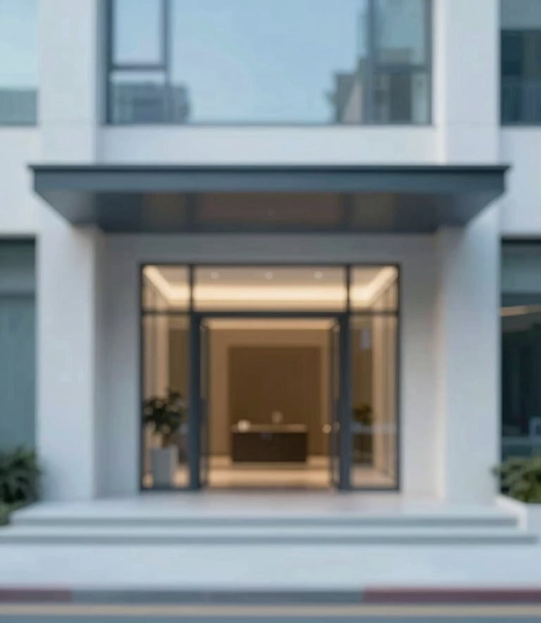 A minimalist, elegant architectural view of a modern building entrance with clean lines and soft natural lighting. The composition is sophisticated and serene, incorporating tones of #E6F0F4 and #2C576C.