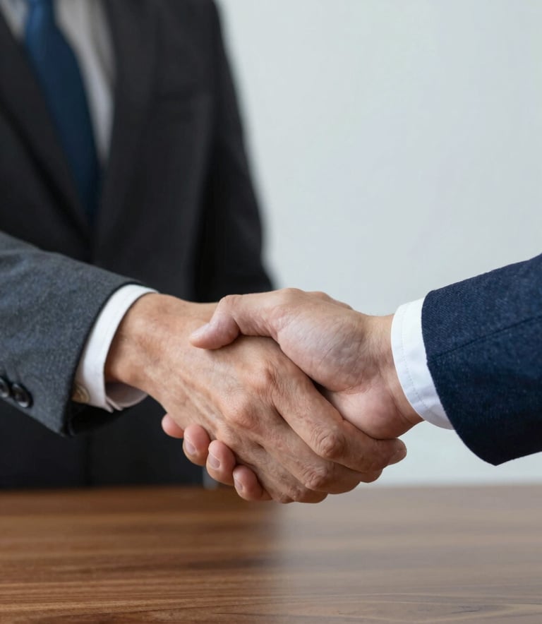 A professional and warm close-up of two people in business attire shaking hands over a polished wooden table. The lighting is soft and forward-thinking, emphasizing the brand's palette of #0D202B and #70A2B6.