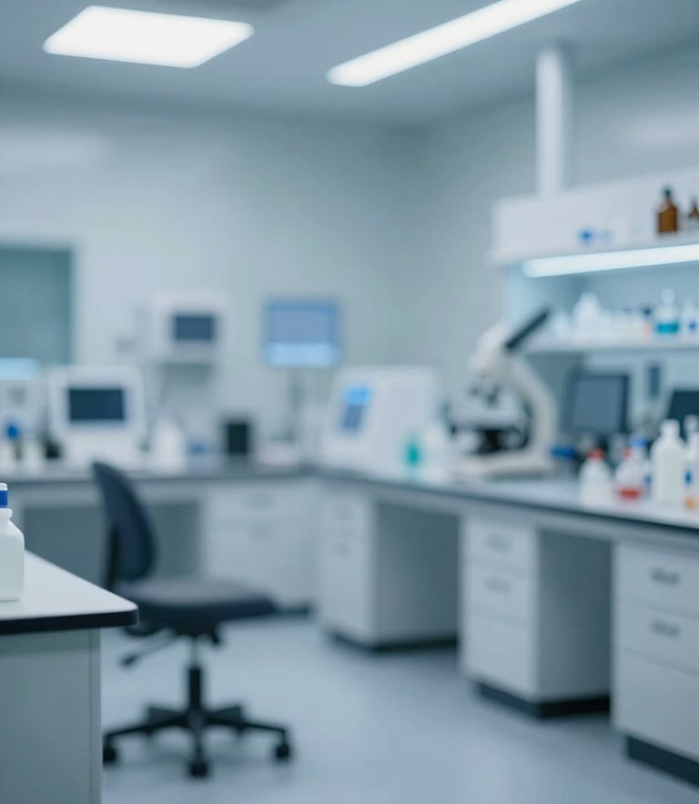 A sophisticated, high-tech laboratory or research facility with clean lines and soft lighting. The scene uses a palette of #2C576C and #E6F0F4 to convey innovation and dedicated progress. Professional and serene atmosphere.