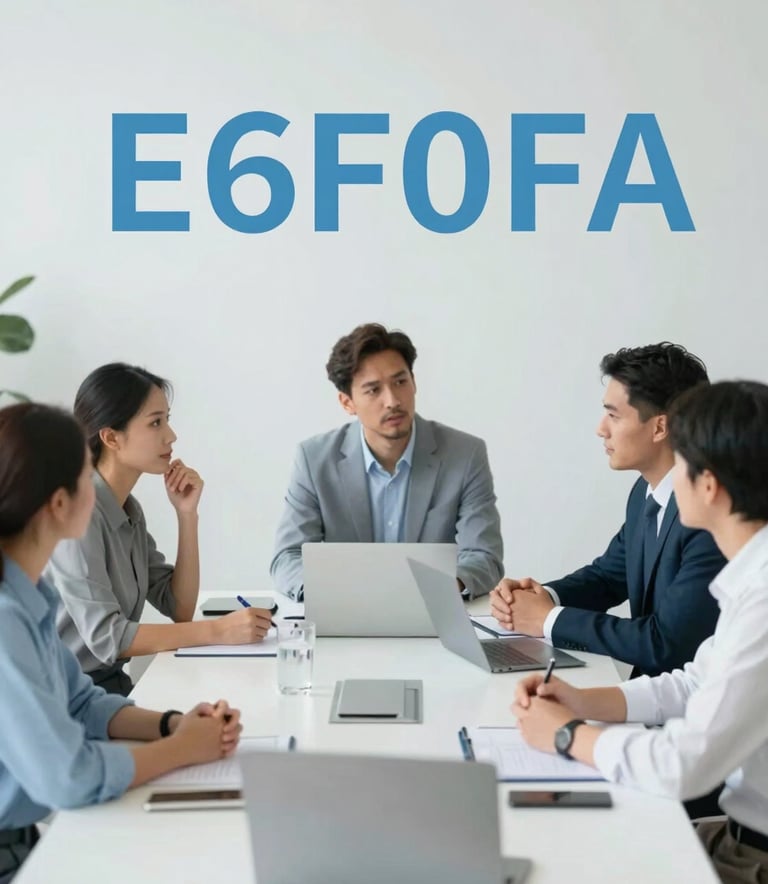 A diverse group of professionals in a bright, modern meeting space, engaged in a collaborative discussion. The image reflects serene competence and social responsibility with a soft aesthetic using #E6F0F4 and #70A2B6.