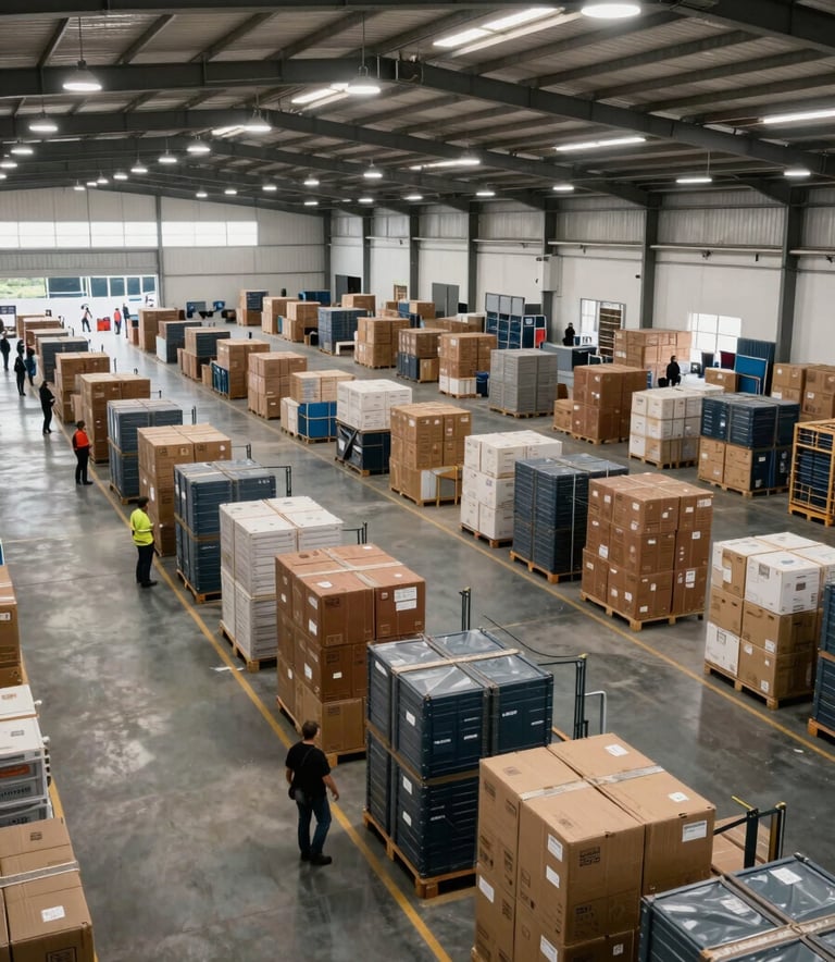 A professional wide-angle shot of a highly organized, modern logistics center in a Latin American region. Technical lighting and sharp focus.