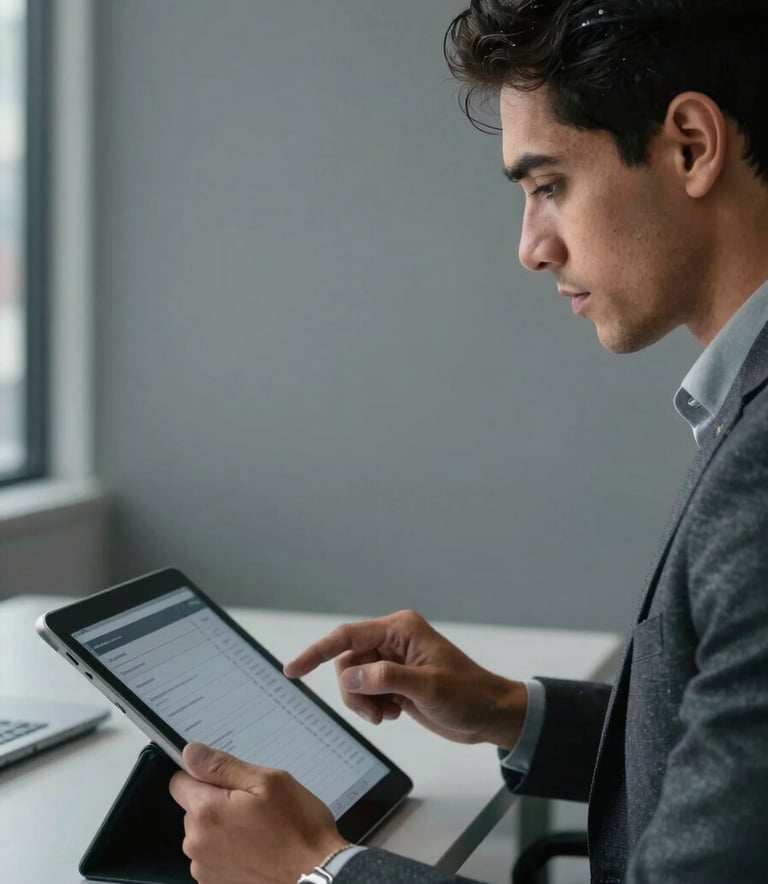 A close-up of a professional in a modern office in a Latin American city, using a digital tablet with technical data. Minimalist background with oxford grey tones.
