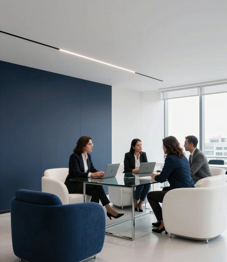 Wide-angle photography of a minimalist, high-end corporate office in a Latin American business district. The interior features clean lines, midnight blue and snow white furniture, and a technical atmosphere with professional consultants in smart-casual attire collaborating around a glass table.