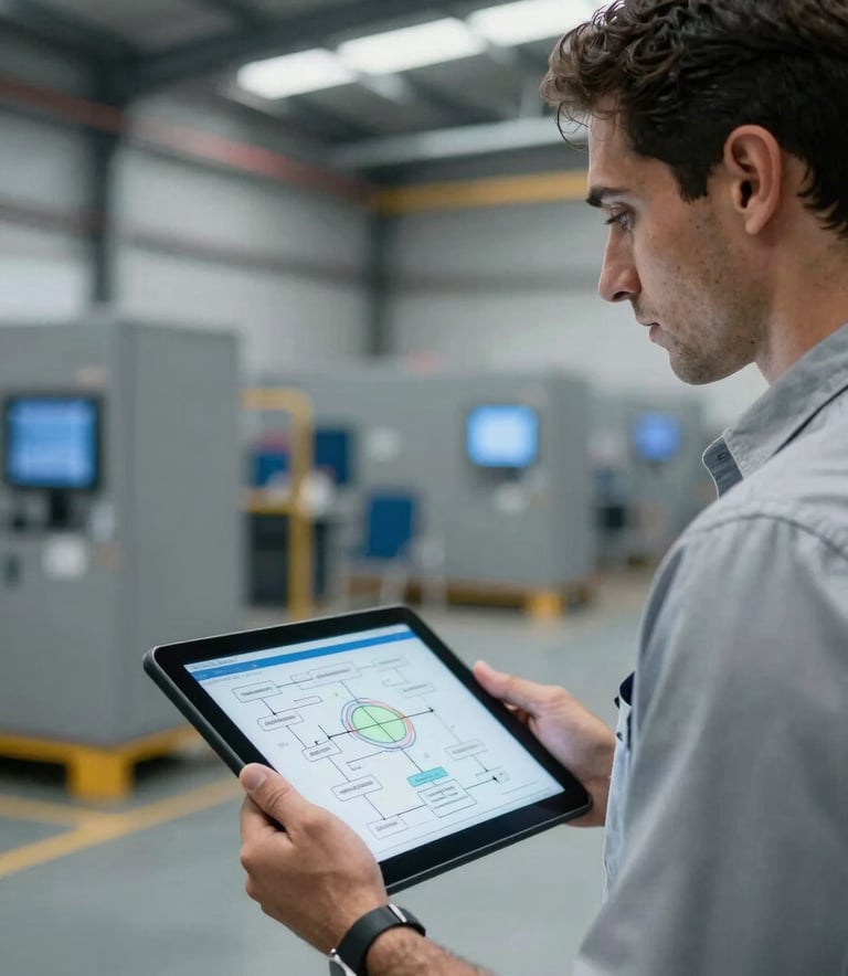 Professional photography of an engineering consultant in a Latin American logistics hub, holding a digital tablet with complex process diagrams. The lighting is sharp and technical, featuring surgical blue accents on industrial grey backgrounds.