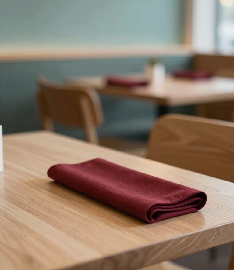 Cozy Scandinavian-style restaurant interior with minimalist wooden furniture and a single deep ripe crimson napkin on a table. High-end, professional photography style, warm and inviting, using #F5F0E1 and #2E4D3E.