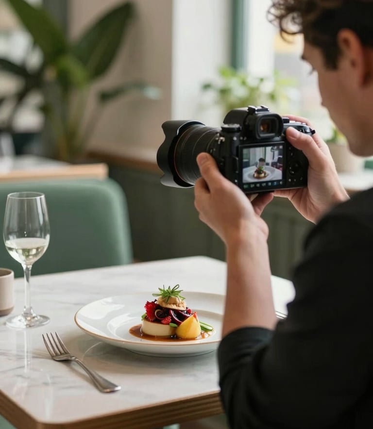 A professional behind-the-scenes shot of a content creator using a high-end camera to photograph a beautifully plated dish in a sunlit, Scandinavian-style restaurant. The lighting is soft and natural, with accents of #2E4D3E green in the background plants and a hint of #9B2226 crimson in the food styling.