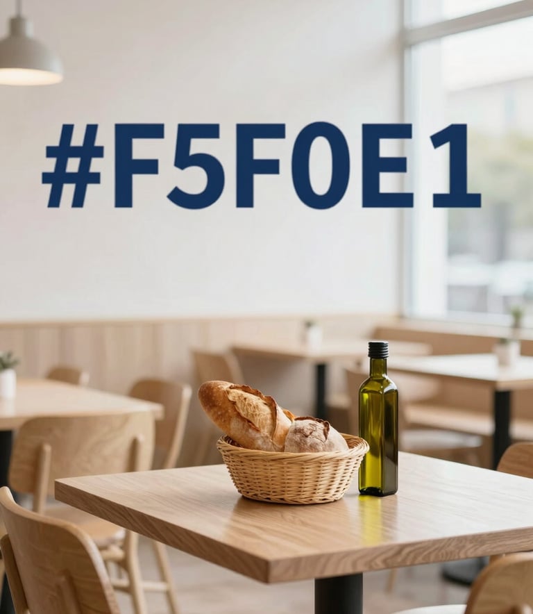 A cozy, minimalist restaurant interior with light wood furniture, white walls, and a large window. On a table sits a fresh basket of artisanal bread and a bottle of olive oil. The composition is clean and calm, featuring the brand's #F5F0E1 parchment tones and natural lighting.