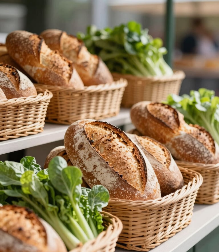 A close-up of a modern food market stall with artisanal breads in wicker baskets and fresh organic greens. Soft, natural morning light, Scandinavian design influence, sophisticated depth of field, featuring colors like #2E4D3E and #F5F0E1.
