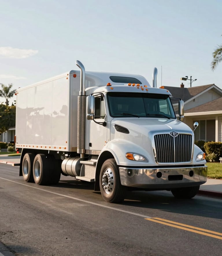 A professional hauling truck parked neatly on a clean residential street in North American / US - Bay Area, California, under bright afternoon sunlight.