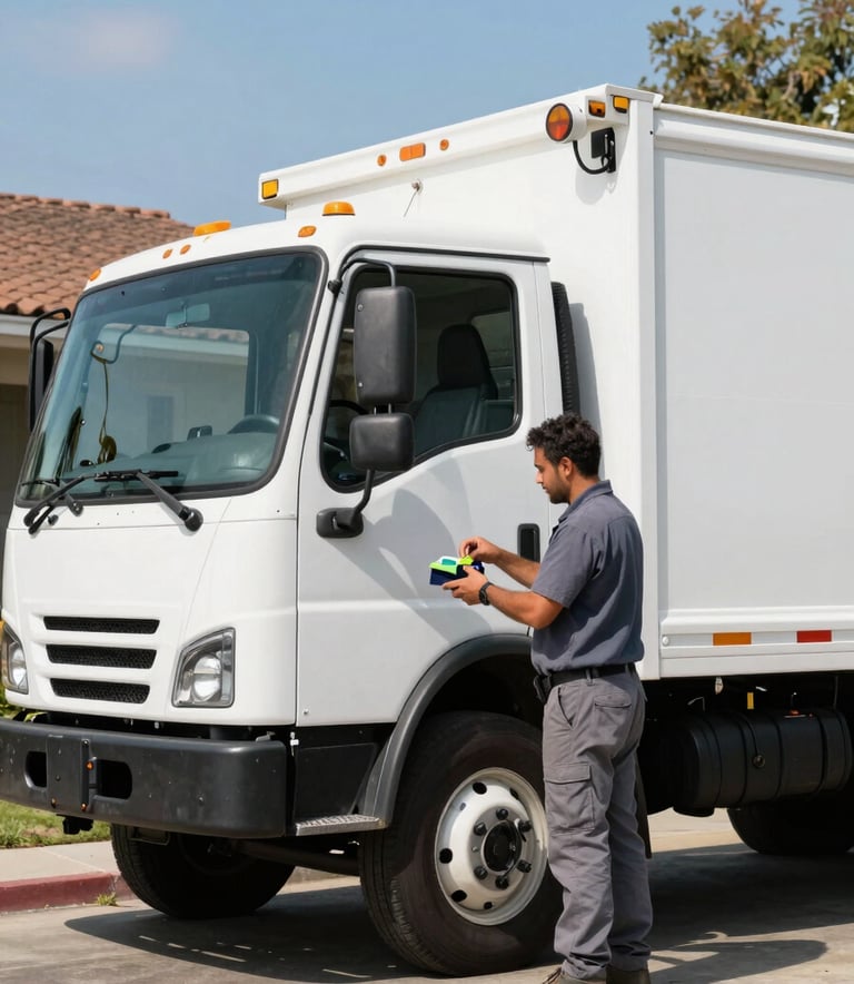 A professional photography shot of a clean, white removal truck parked in a sunny suburban driveway in San Jose, California. A crew member in a professional grey-blue uniform is seen from the side, organizing small items with care. The scene conveys a sense of trust and local community service.