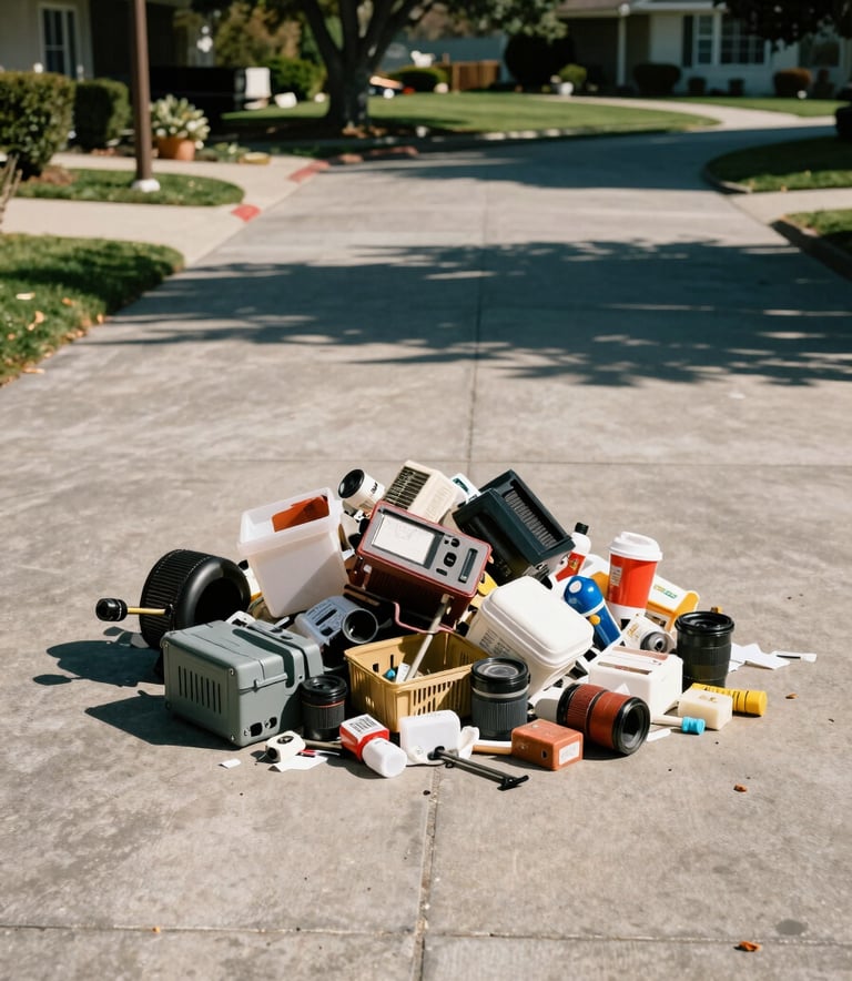 A neatly organized driveway with a small pile of household debris ready for collection, sunny day setting in North American / US - Bay Area, California.